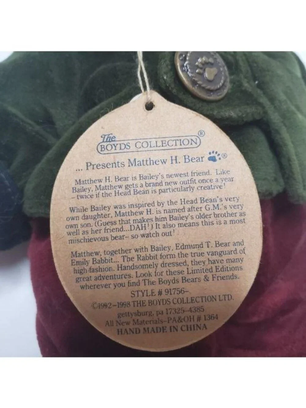 Boyds Bears Matthew H. Bear Limited Edition Plush In Winter Outfit 1998